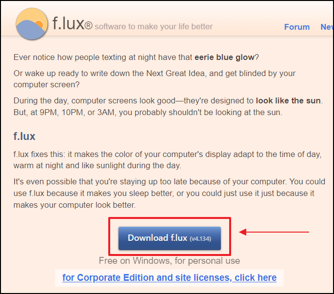 f.lux 프로그램 다운로드 장면